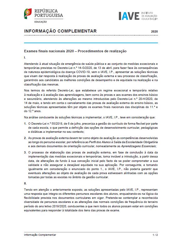 Informações para a realização de Provas e Exames do Ensino Básico e do Ensino Secundário