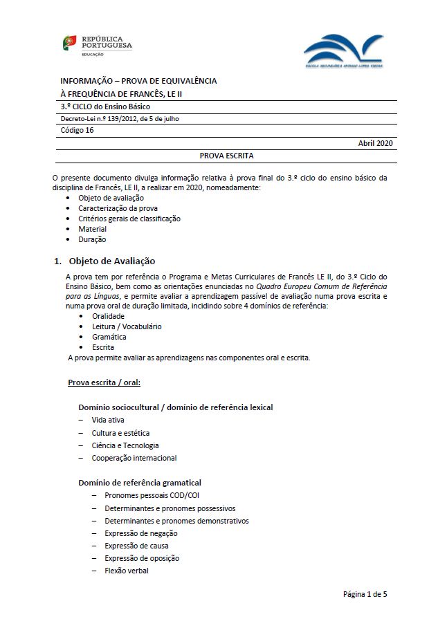 Informação prova de equivalência à frequência