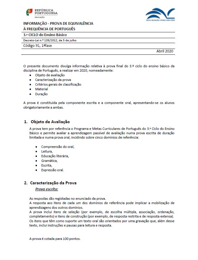 Informação prova de equivalência à frequência