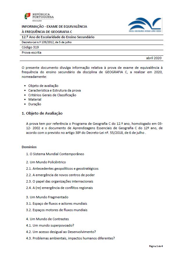 Informação prova de equivalência à frequência