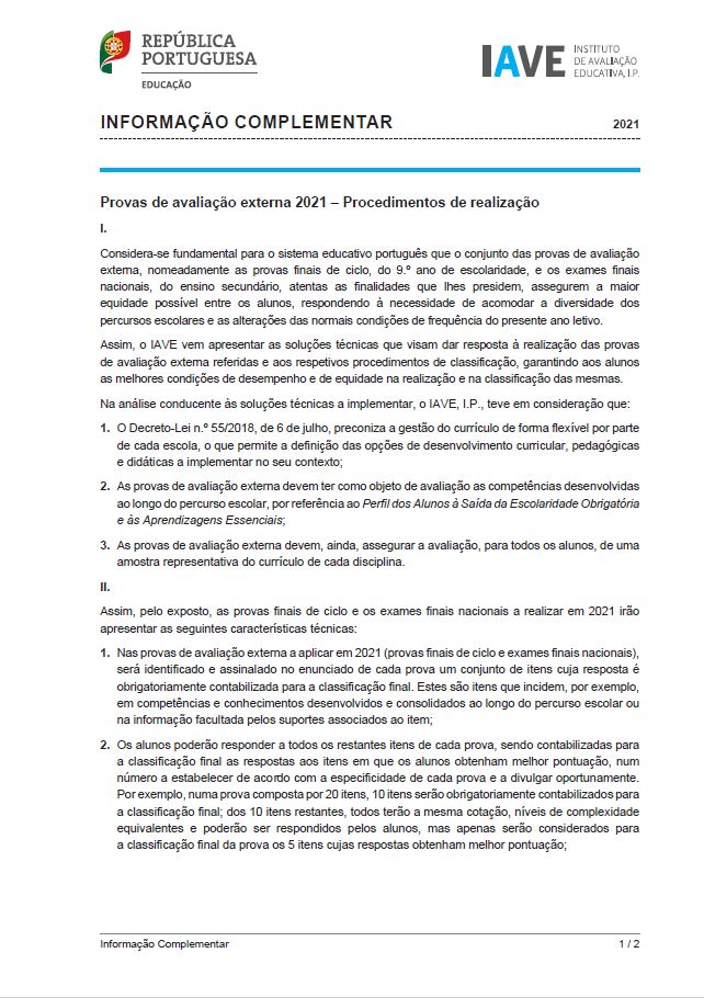 Informações para a realização de Provas e Exames do Ensino Básico e do Ensino Secundário