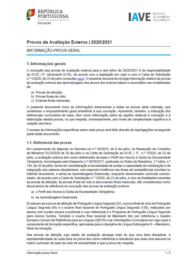 Informações para a realização de Provas e Exames do Ensino Básico e do Ensino Secundário