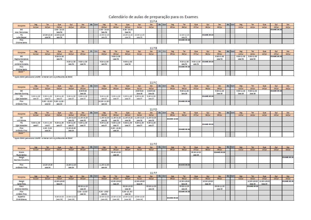 Calendário das Aulas de Apoio para os Exames
