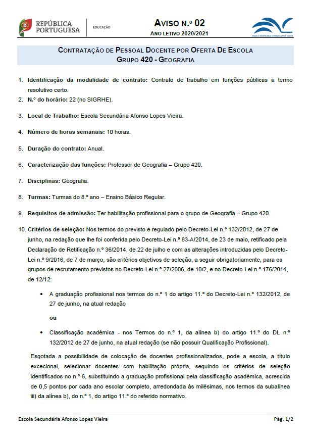 Contratação de Escola - 2020/2021