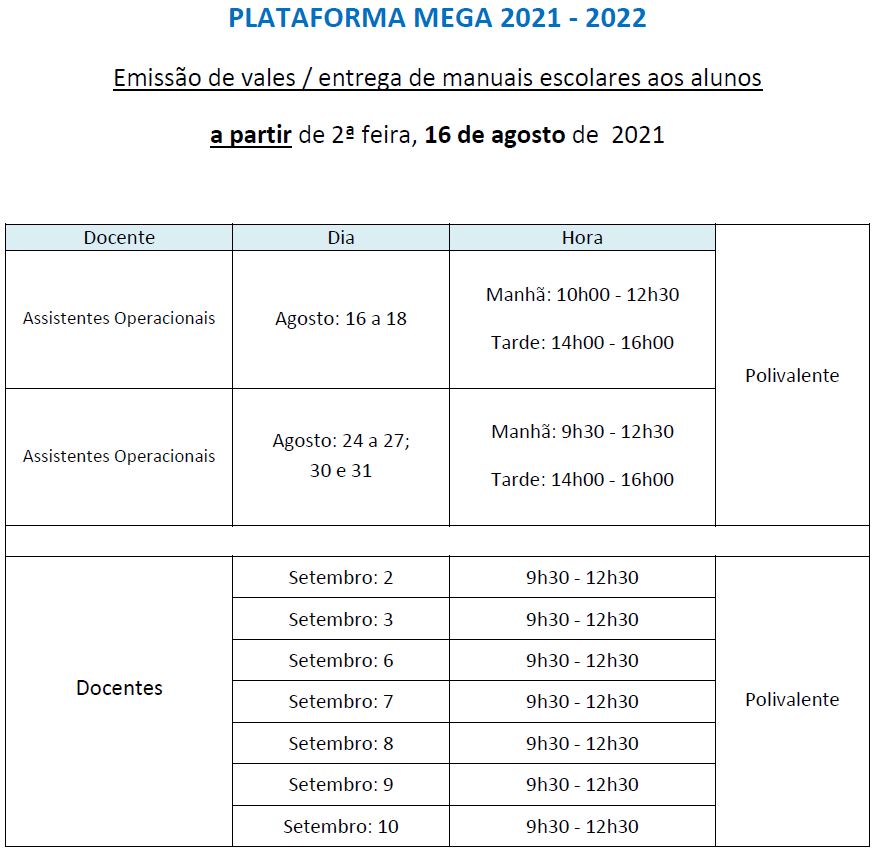 Horário para devolução dos manuais escolares e Kits Digitais - polivalente da escola