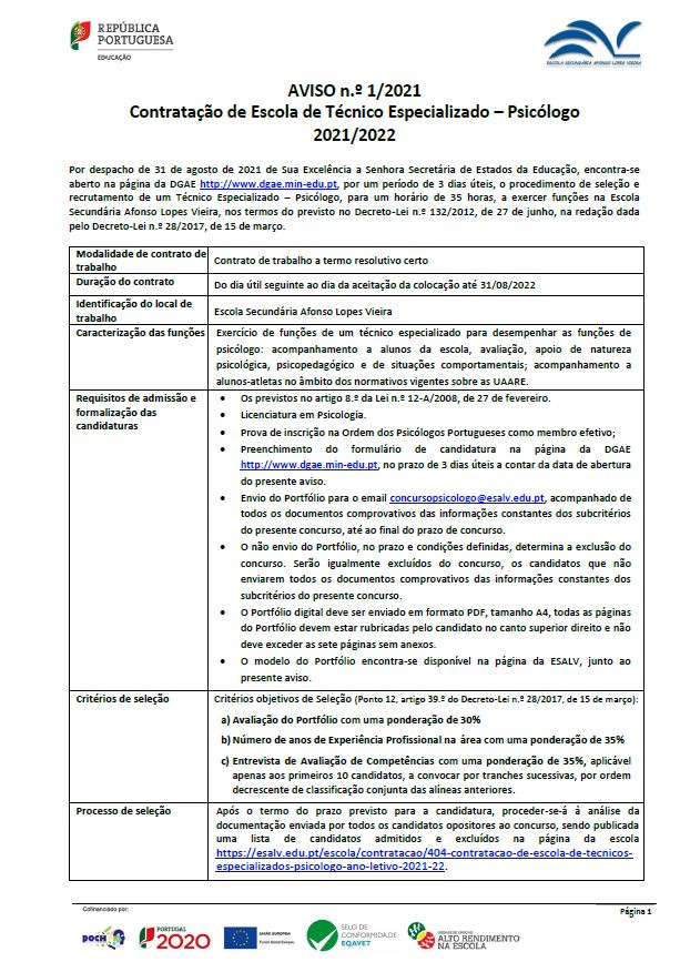 Aviso Abertura Técnico Especializado - Psicólogo