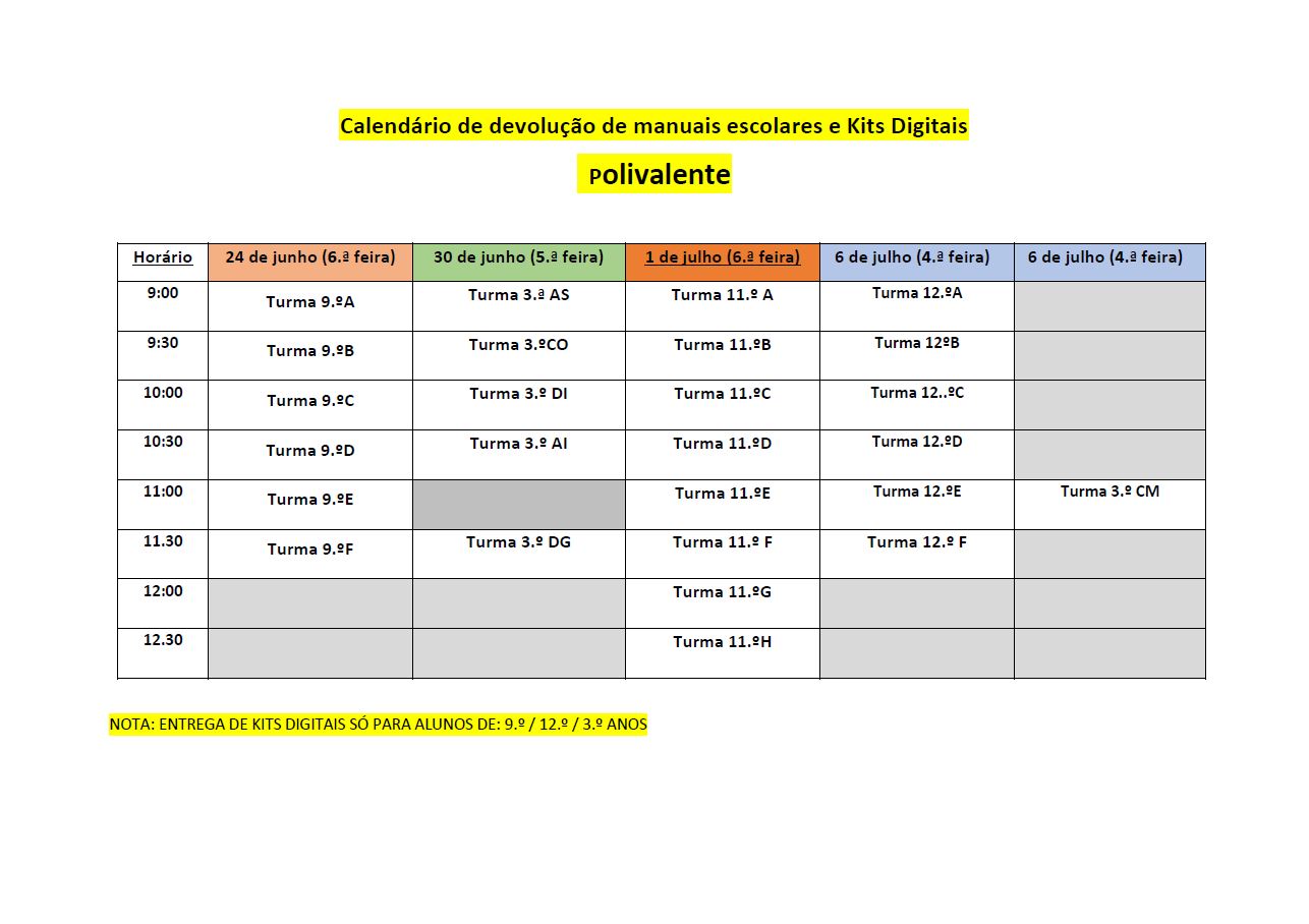 Calendário de devolução dos manuais e Kits Digitais